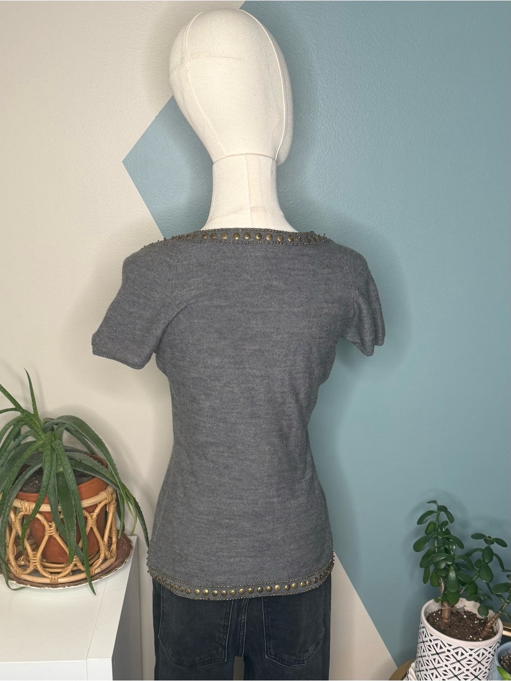 Taryn Rose 100% Merino Wool Studded Sweater Y2K Boho Glam Gray S - Picture 5 of 12